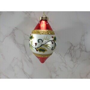 Glass Christmas Tree Ornament Hanging Oblong Red White Green Gold Glitter Decor